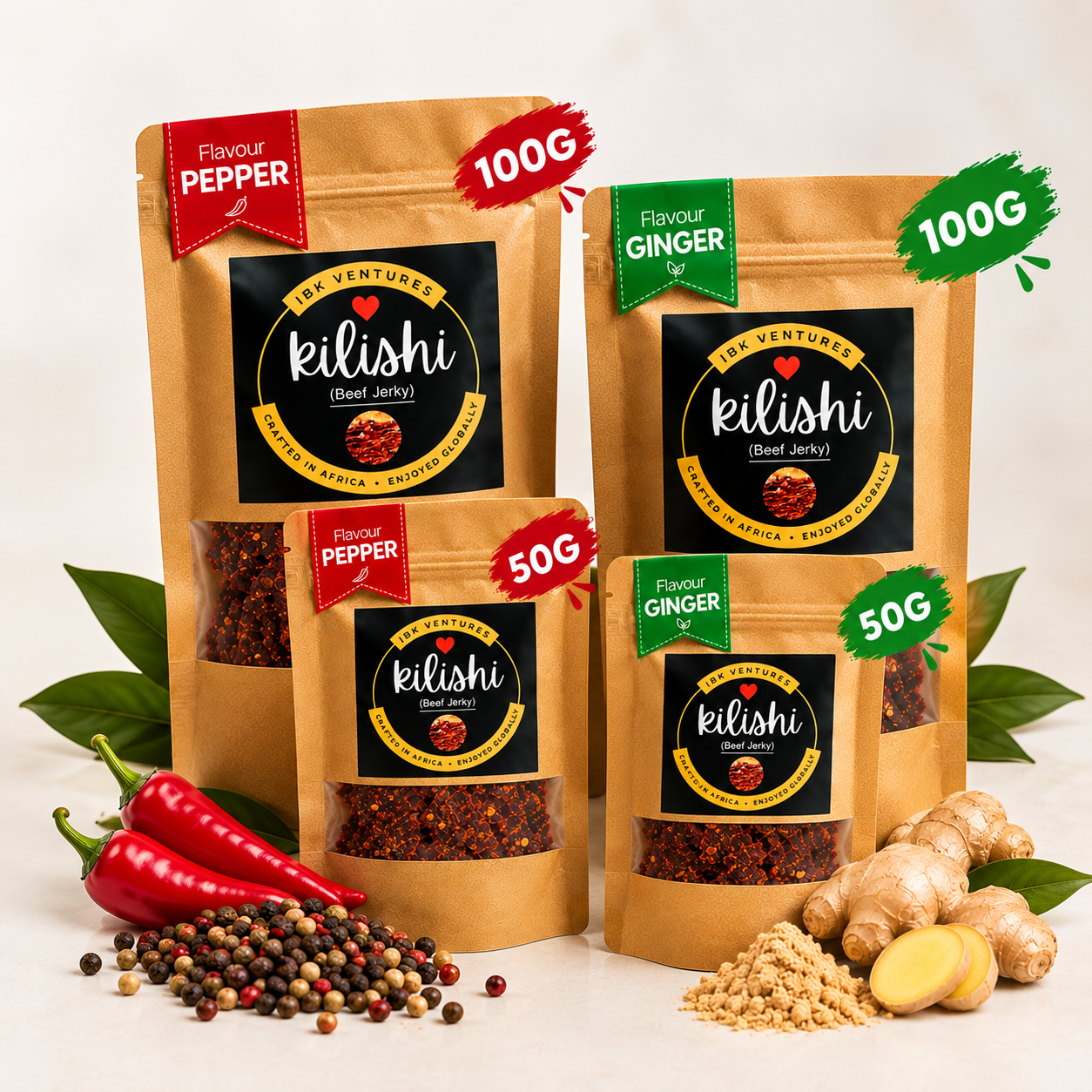 All four kilishi pouches with chillies and ginger
