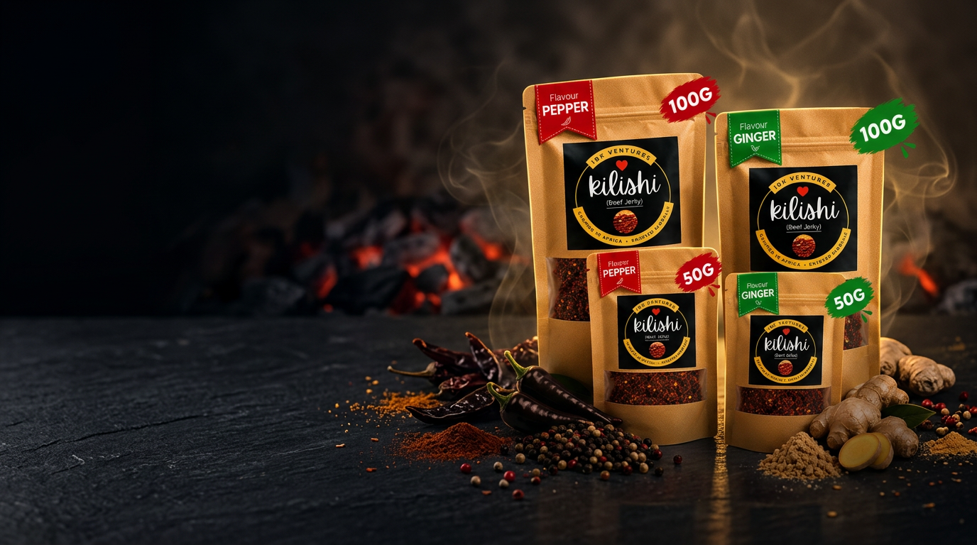 Pepper and Ginger kilishi pouches beside glowing coals and spices