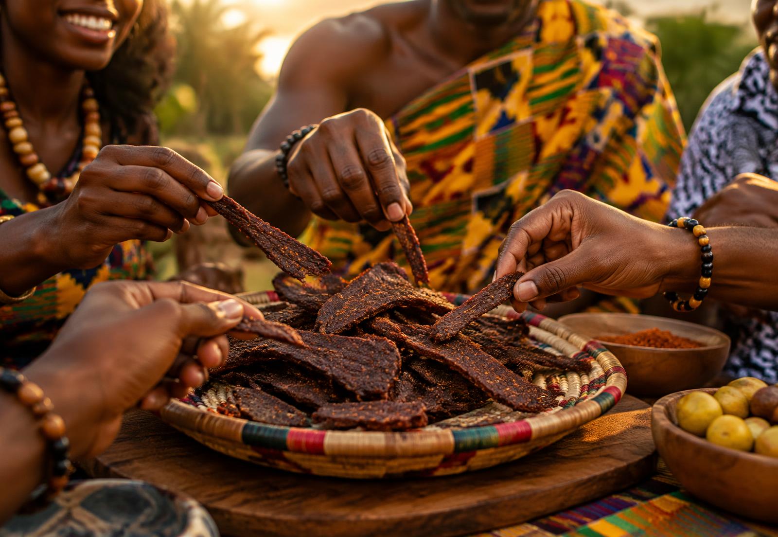 Friends sharing kilishi from a woven basket
